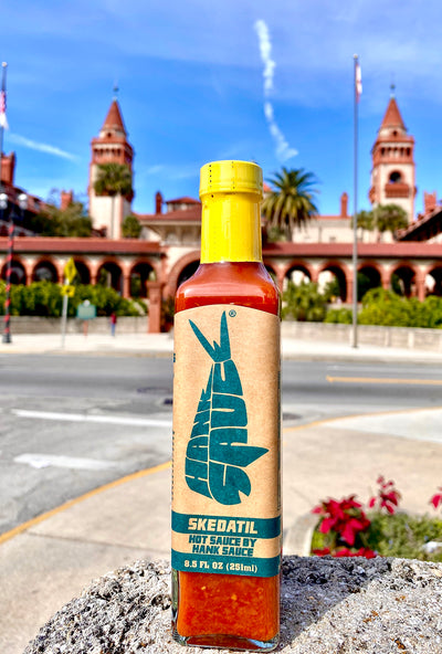 Hank Sauce bottle of Skedatil. A new sauce featuring the Datil Pepper from St. Augustine, Florida